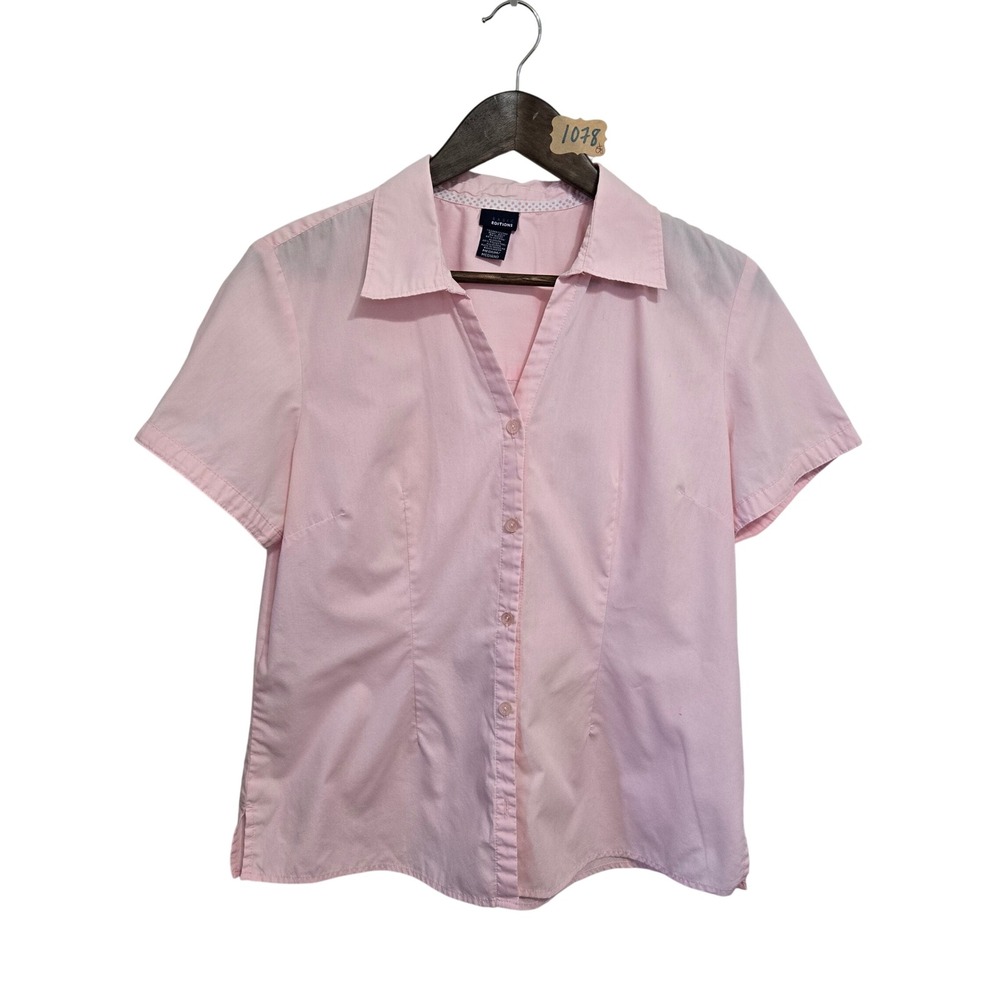 Vintage Basic Editions Pink Short Sleeve Button Up Shirt Womens Medium Pastel